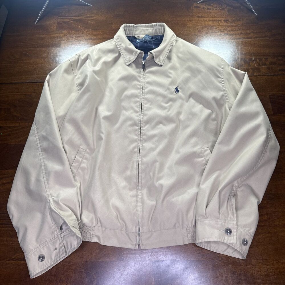 Vintage Polo Ralph Lauren Harrington Jacket Mens Large Tan Plaid Lined Bomber